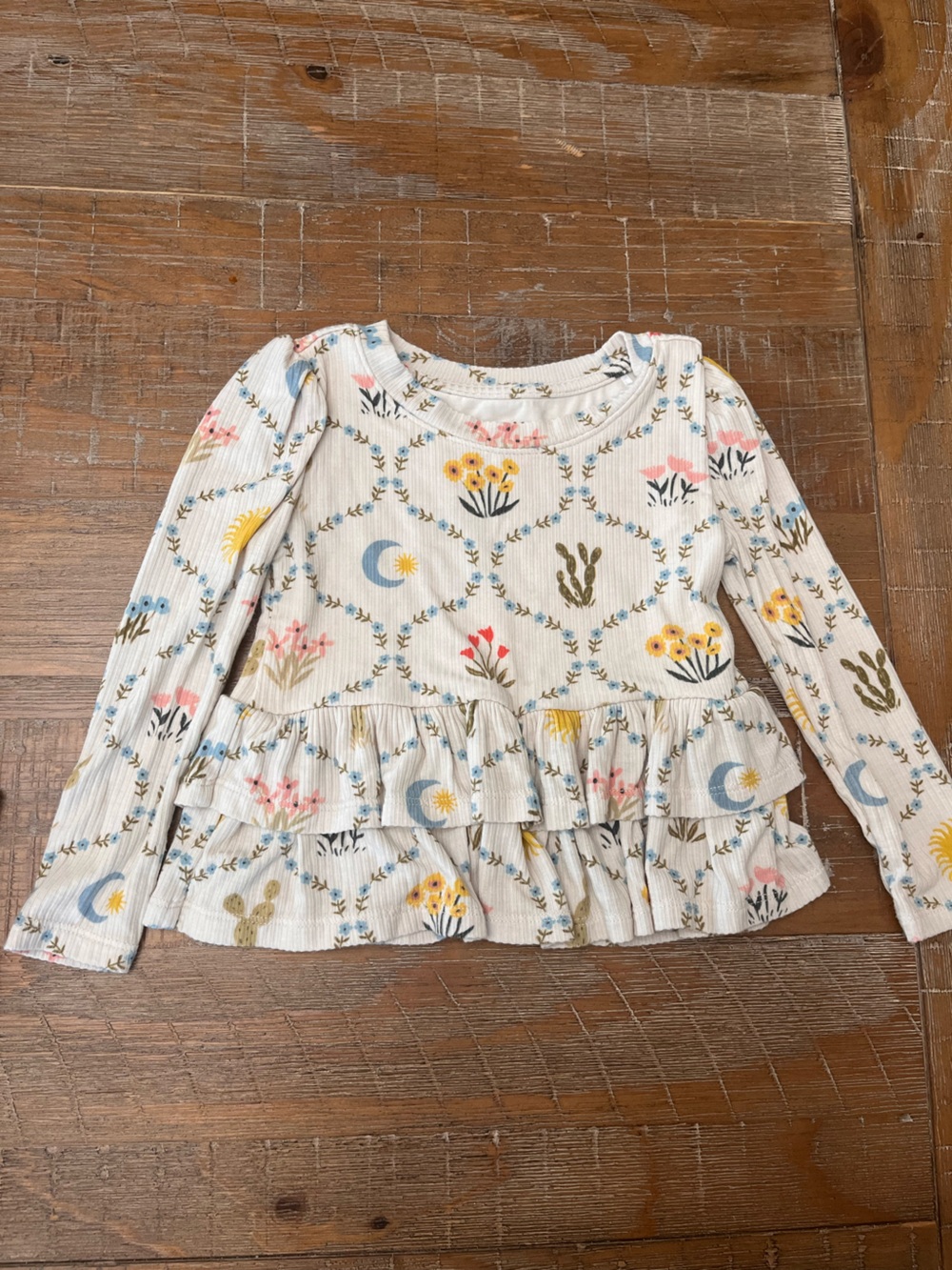 Little Sleepies Cream Long-Sleeve Ruffle Top with Pastel Floral & Moon Print